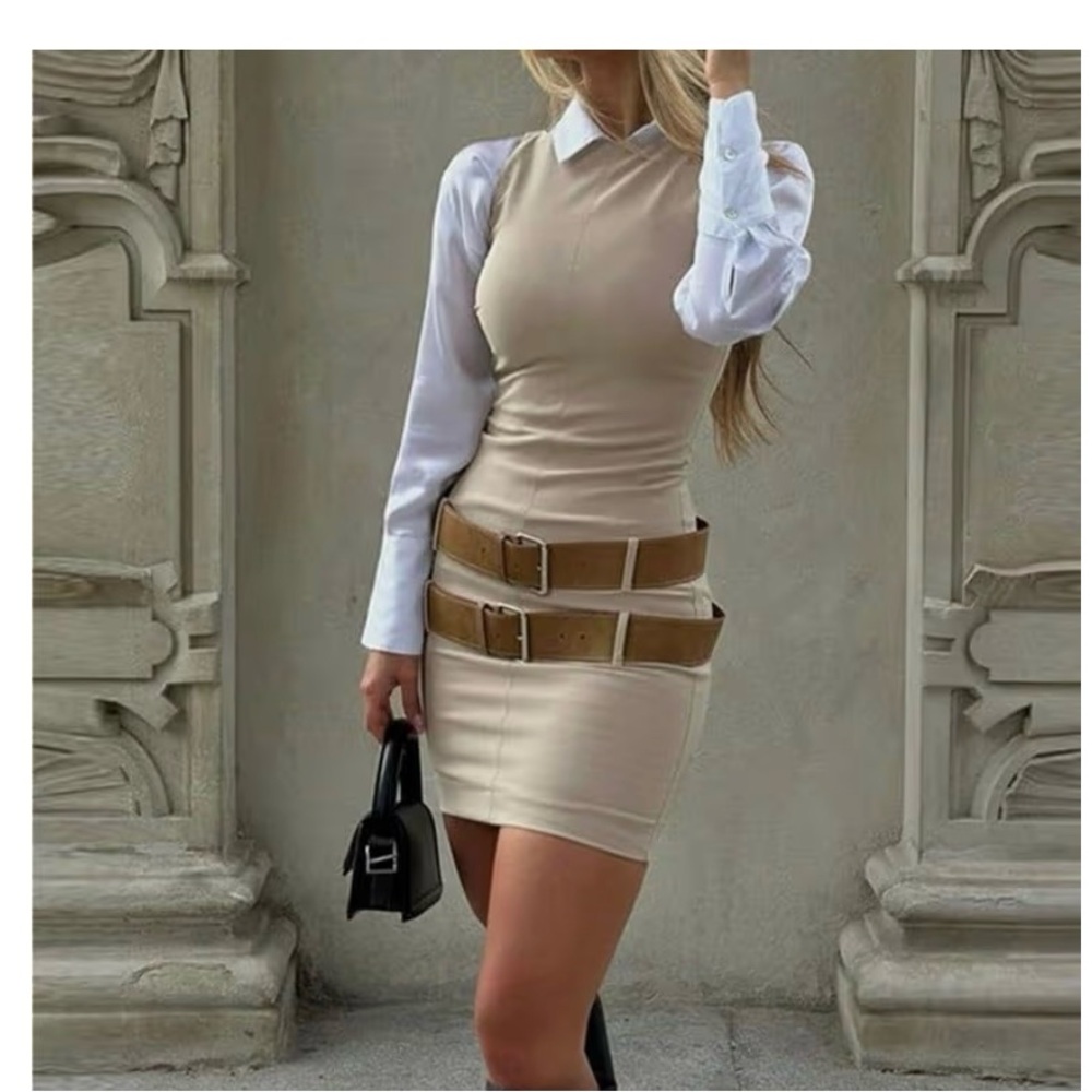 Beige sleeveless Y2K Mini Dress with Belt Accents